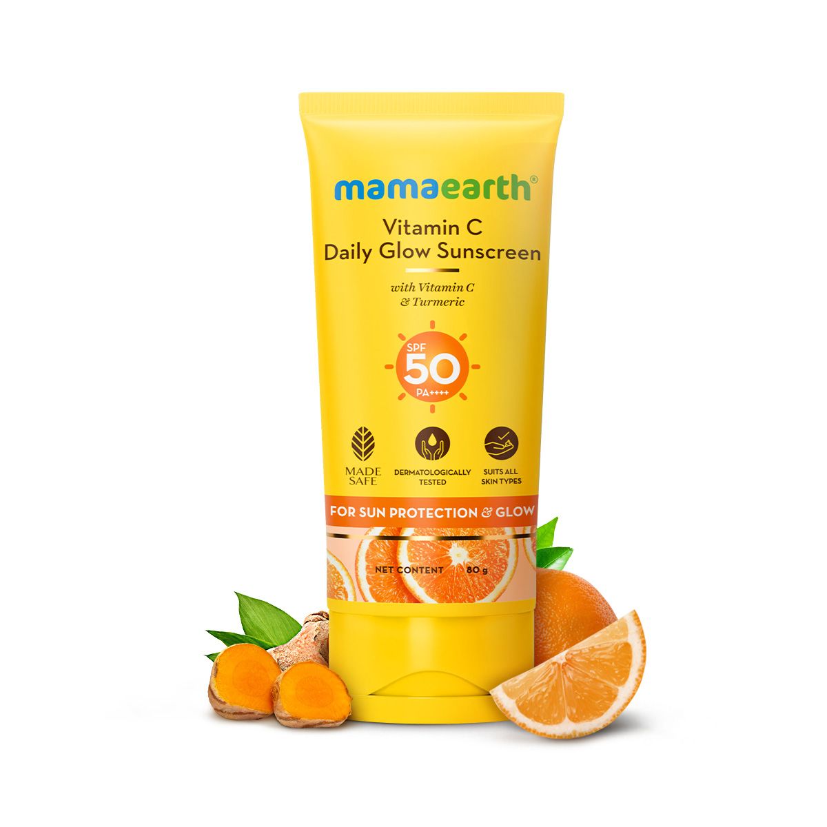 Mamaearth Vitamin C Daily Glow Sunscreen SPF 50 PA++++ – In-Vivo Tested (ISO 24444:2019 Certified, CTRI/2025/05/087276) - 80 g by Mamaearth