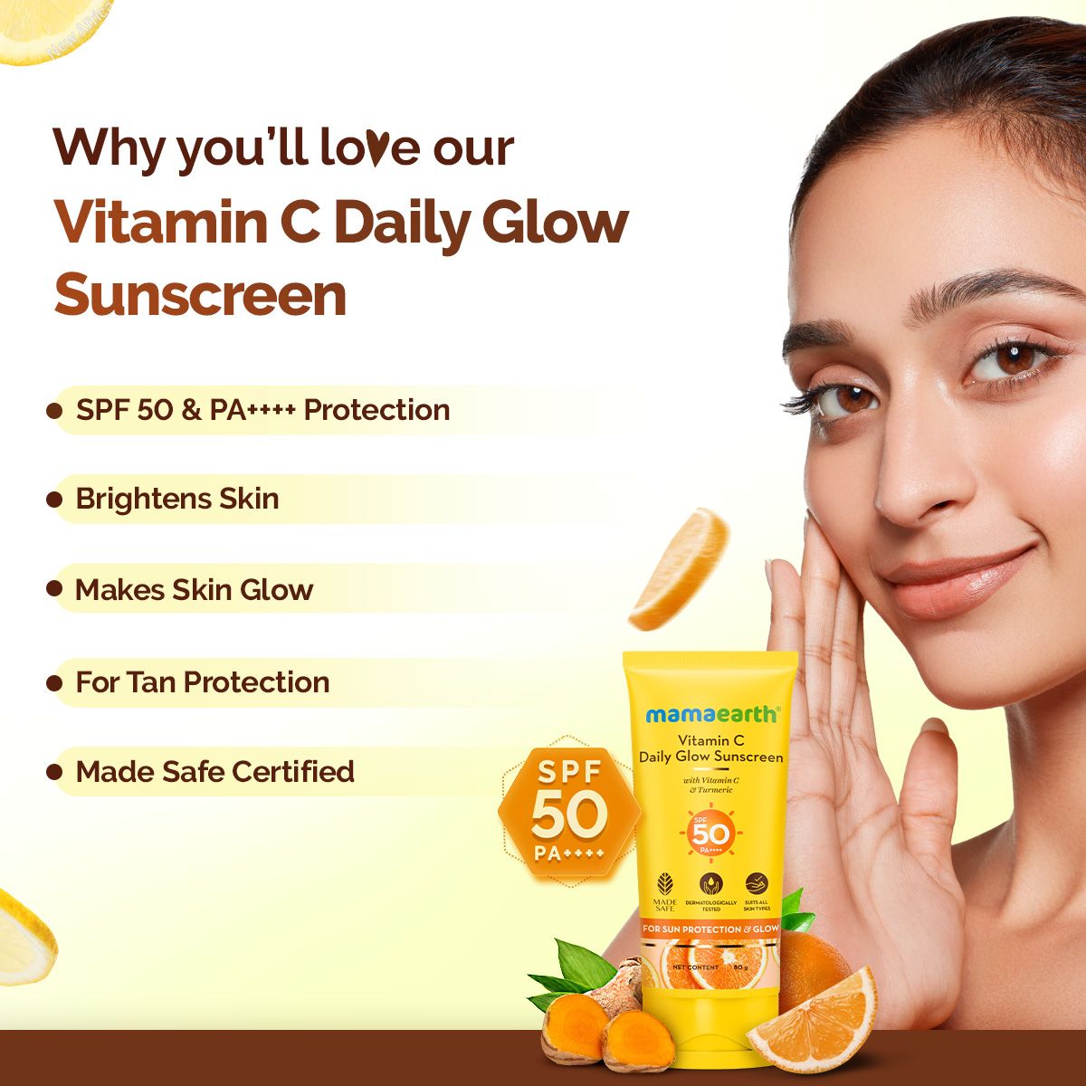 Mamaearth Vitamin C Daily Glow Sunscreen SPF 50 PA++++ – In-Vivo Tested (ISO 24444:2019 Certified, CTRI/2025/05/087276) - 80 g alternate view