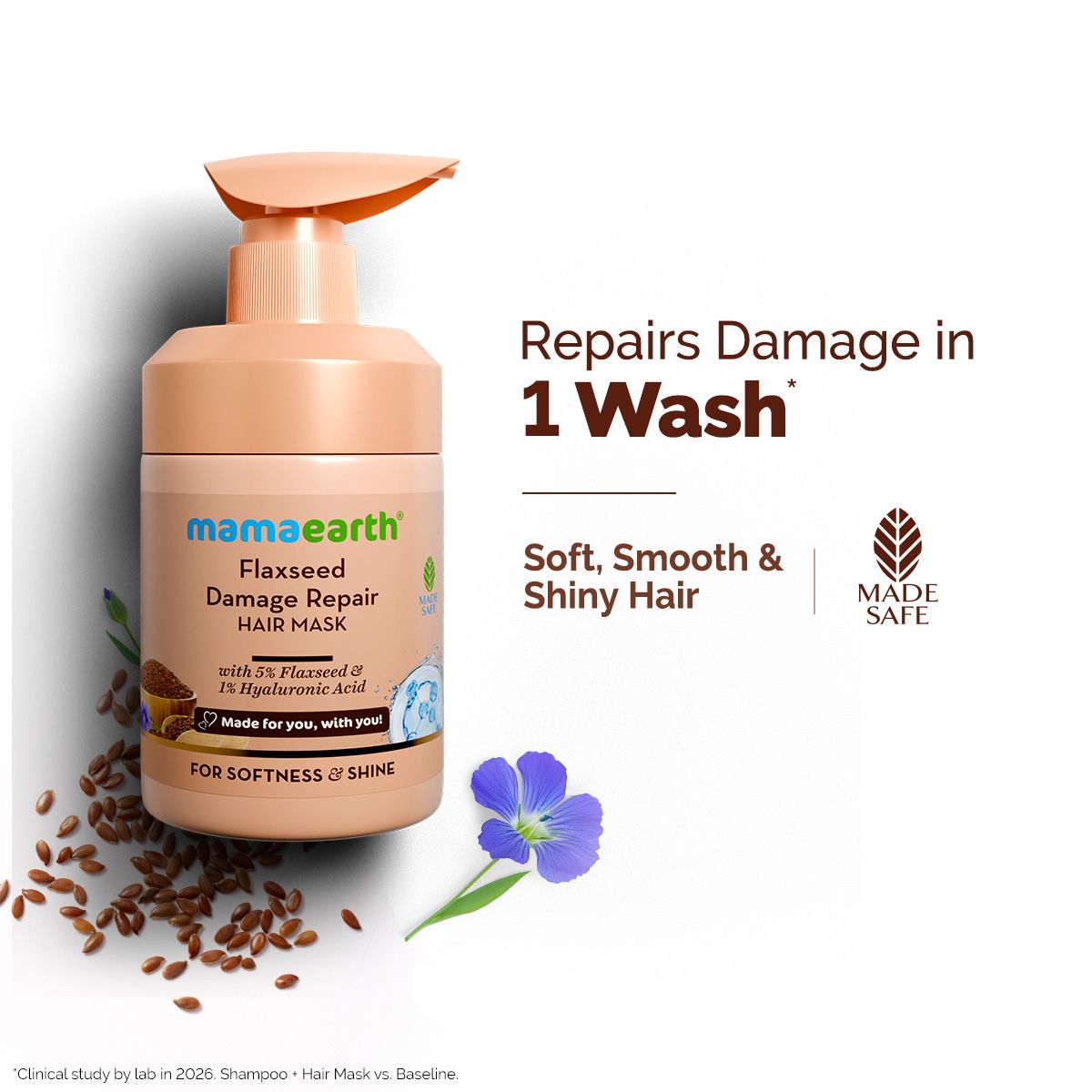 Flaxseed Damage Repair Hair Mask with 5% Flaxseed, 1% Hyaluronic Acid, Ceramides for Softness & Shine - 300 ml by Mamaearth